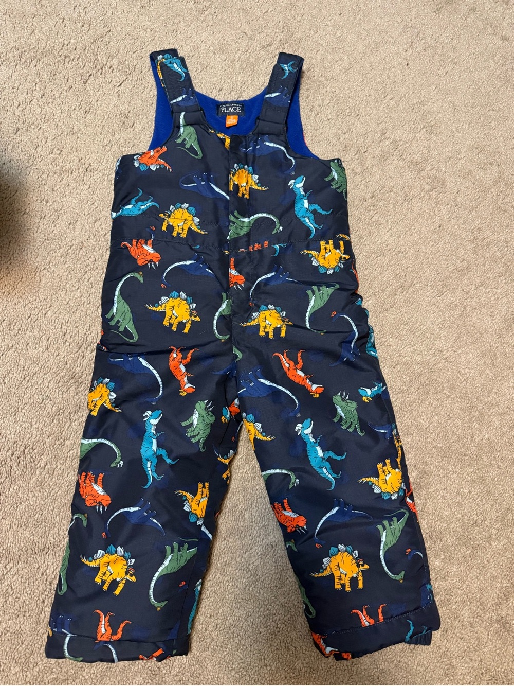 The Children's Place Navy Dinosaur Snow Overalls with Colorful Dinosaurs